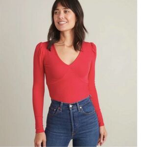 Marine Layer Lexi Rib V-Neck Long Sleeve Top Size Small Barberry Pink